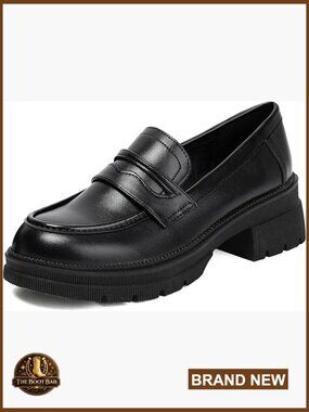 Women's Chunky Leather Loafers - Square Toe Platform Slip-Ons